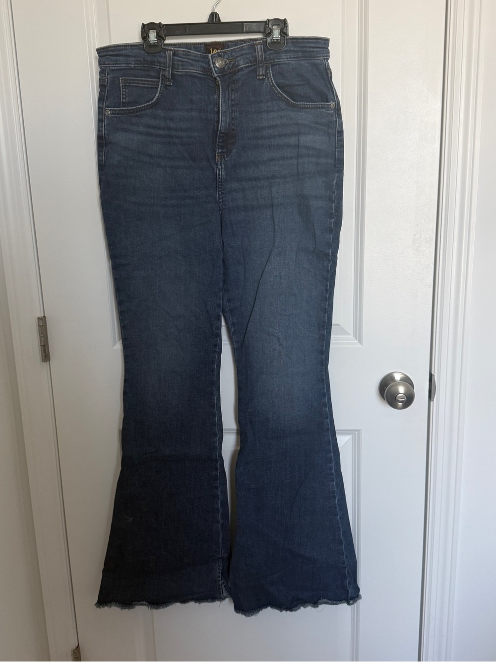 Lee Dark Blue High-Rise Flare Jeans with Raw Hem